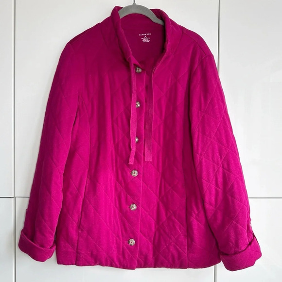Lands’ End Quilted Jacket Size Medium Pink Cotton Button Front Comfortable - Picture 1 of 9